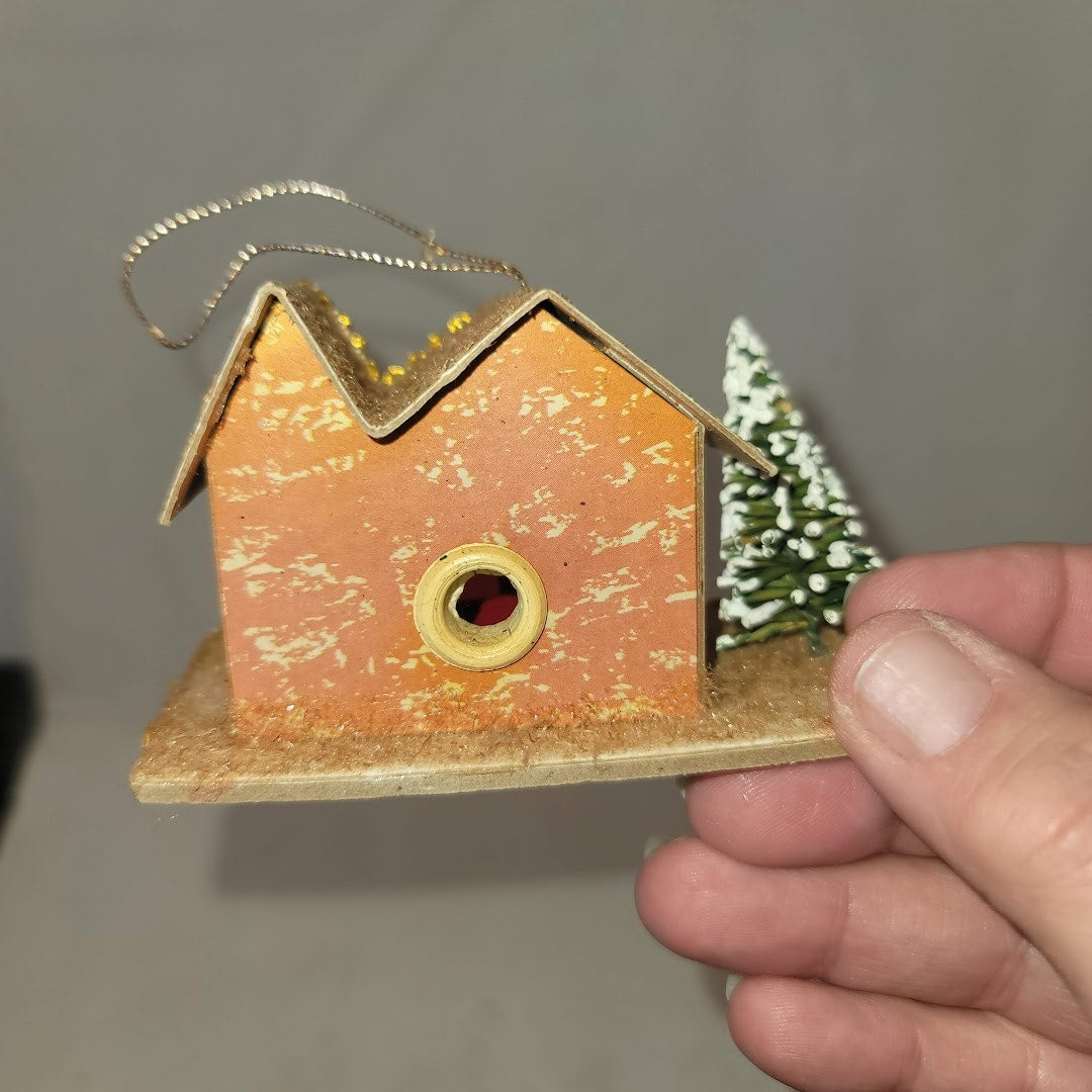 Vintage  Christmas Putz house Cardboard Mica Brown House with tree Ornament