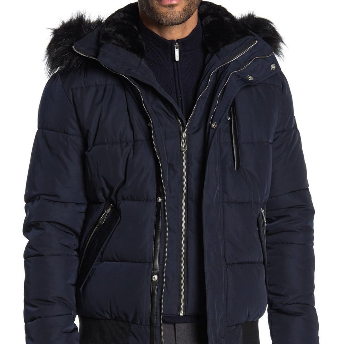 Noize Nixon Faux Fur Trim Bomber Jacket Front Zip Long Sleeves Blue XX-Large NWT