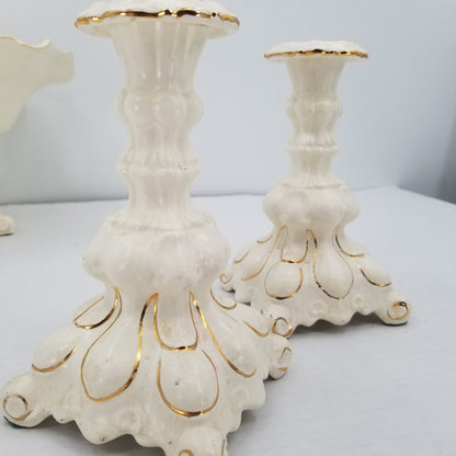 Holland Mold 1950 Fruit Compote Bowl Candlesticks 3 Pc. Centerpiece Gold Regency