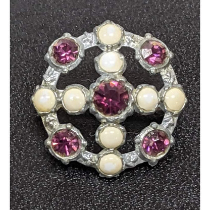 Vintage Mid-Century Faux Pearl Purple Rhinestone Dome Brooch Pin Silver Tone