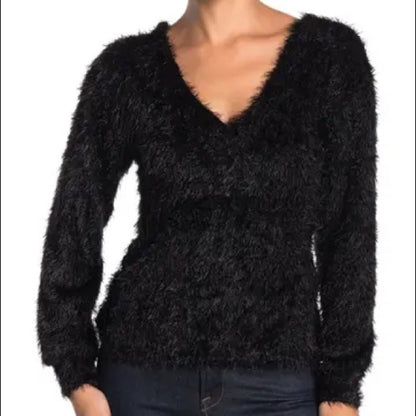 Lush Black Back Knot Detail Shaggy Sweater Small V Neck Cut out back detail