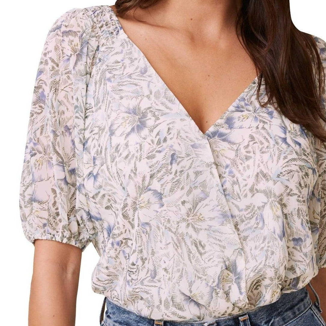 Astr Surplice Double V-Neck Puff Sleeve BodySuit Sz Small in Ivory Floral NWT