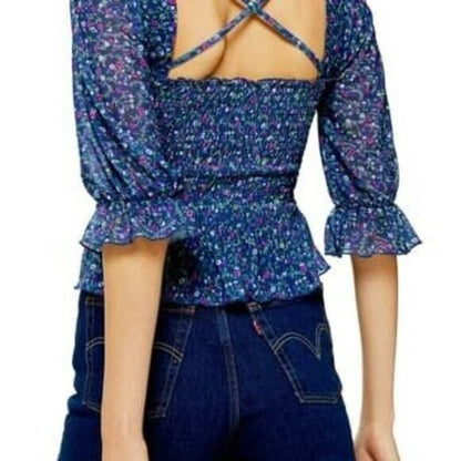 Topshop Criss Cross Ditsy Smocked Square Neck Blouse Size 4 US Blue Floral NWT