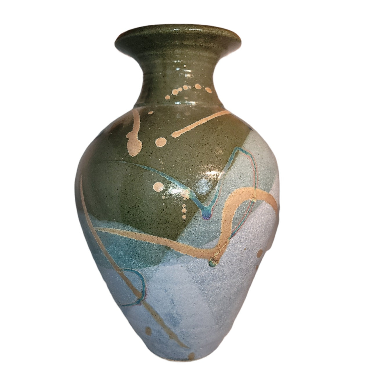 Large art pottery vase URN Clay Signed Pennington Green Blue Modern Design 15.5