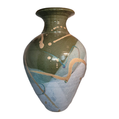 Large art pottery vase URN Clay Signed Pennington Green Blue Modern Design 15.5