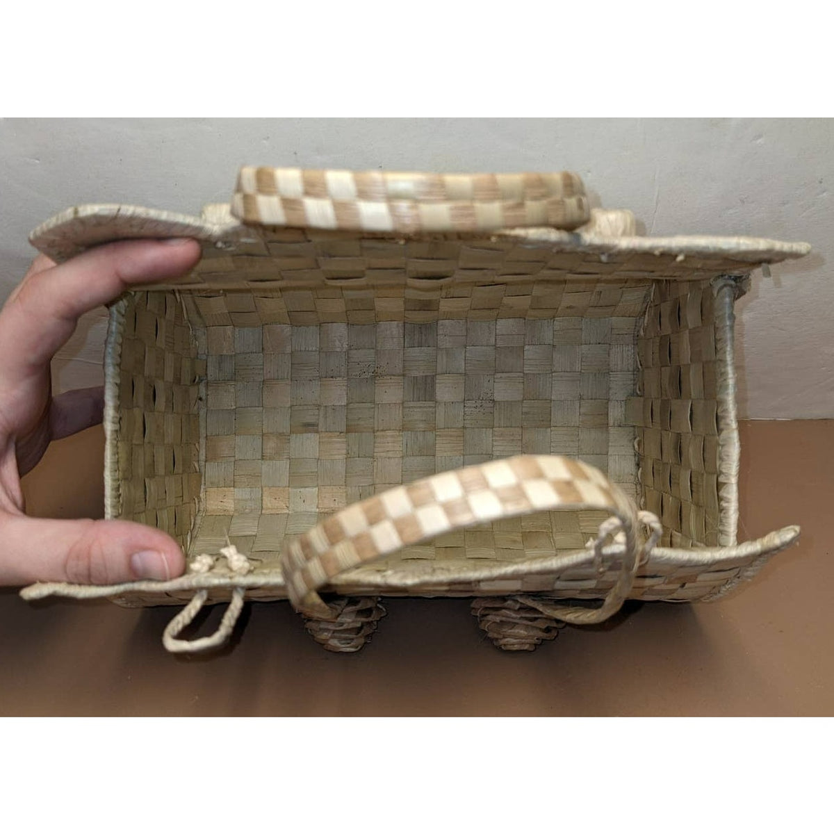 Clamshell Handmade Woven Purse with Flowers Bamboo or Grass Handbag Very Stiff