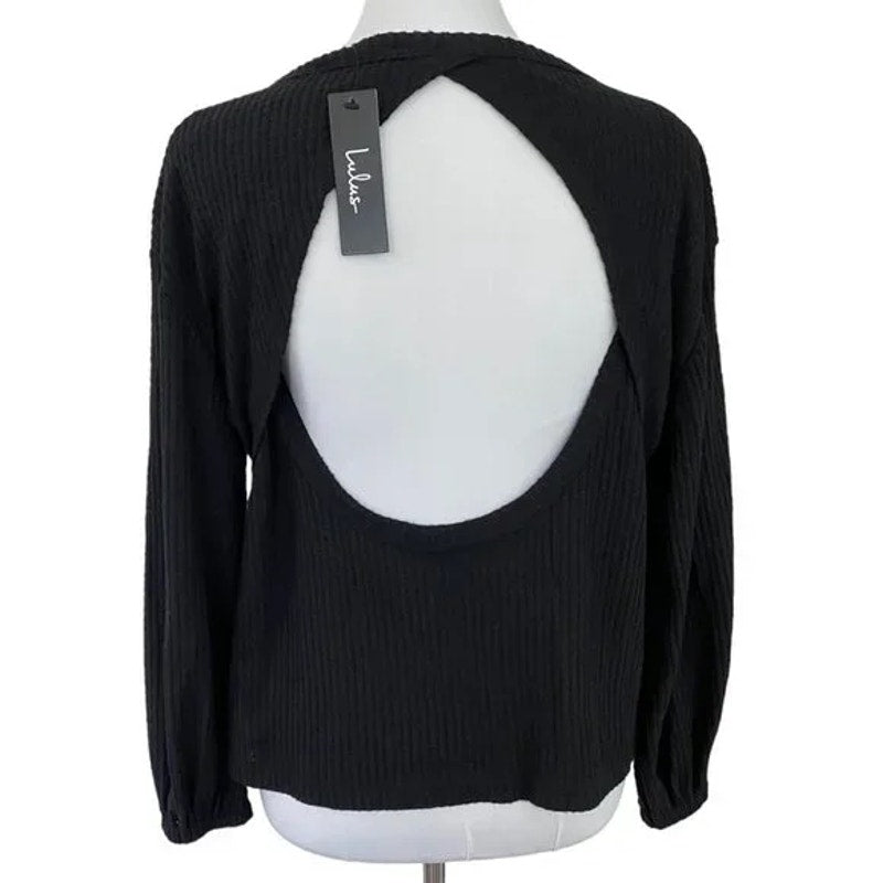 Lulus Jack of All Trades Cutout Back Waffle Sweater XS/Extra Small Black NWT USA