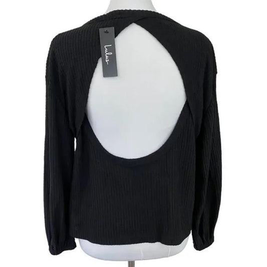 Lulus Jack of All Trades Cutout Back Waffle Sweater XS/Extra Small Black NWT USA