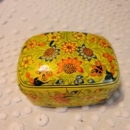 Vintage Kashmiri Yellow Floral Lacquer Trinket Lidded Box