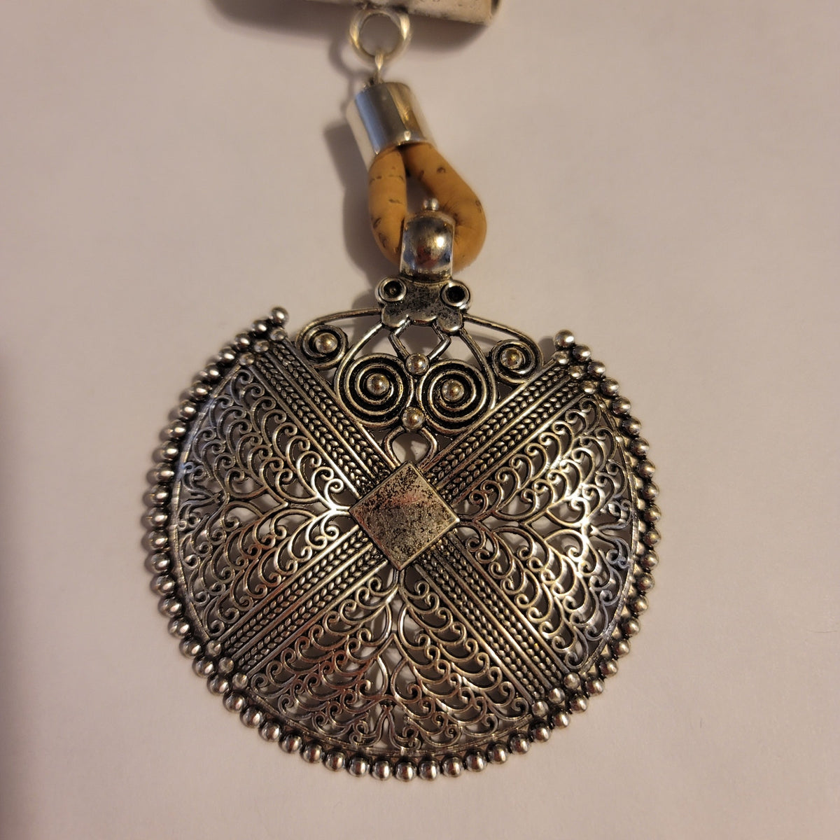 NEW silvertone Black Aged Filigree Metal MEDALLION Scarf Purse Slide Cork Rope