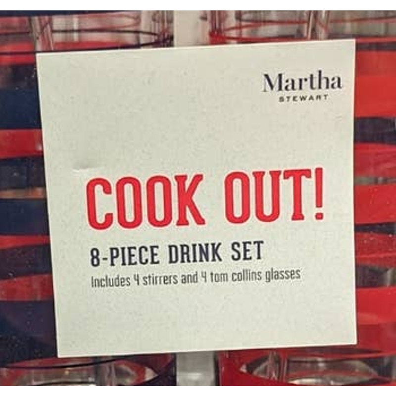 Martha Stewart 16 Pieces Glasses Cook Out Grill Tom Collins Stirrer July 4th NEW