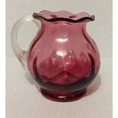 Vintage Pilgrim Cranberry Round Globe Miniature Vase Pitcher Clear Handle Pink