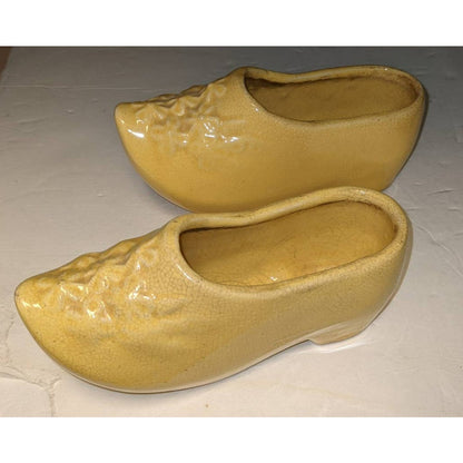 McCoy Mold Yellow Ceramic Clog Planters set 2 Dutch Shoes Cracked Glaze kitschy