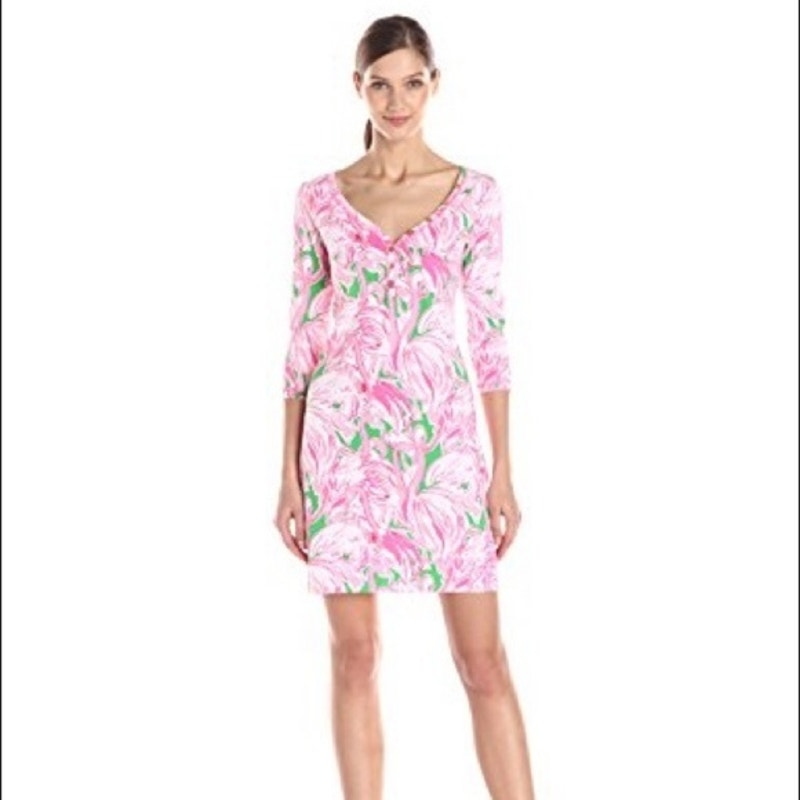 Lilly Pulitzer Palmetto Dress Pink Flamingo Floral Print Cap Sleeve Pink XLarge