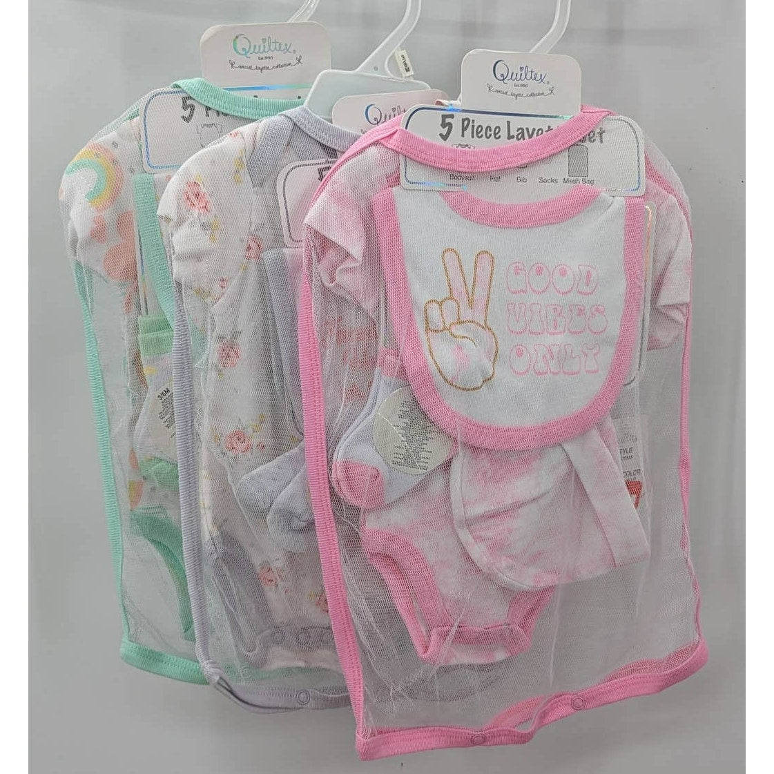 Quiltex Lot 3 (1Piece Sets) 5 Pcs each set Green White 3-6 month Girl Bib Hat