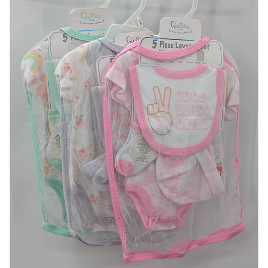 Quiltex Lot 3 (1Piece Sets) 5 Pcs each set Green White 3-6 month Girl Bib Hat