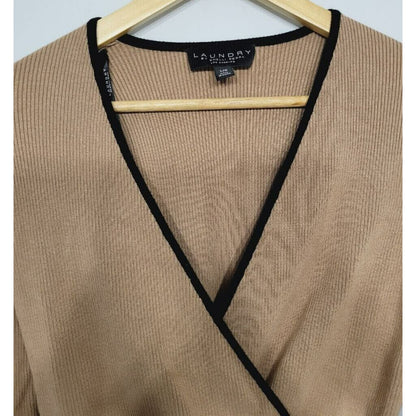 Laundry by Shelli Segal Ribbed Faux Wrap Surplice Top XS/Extra Small Camel NWT