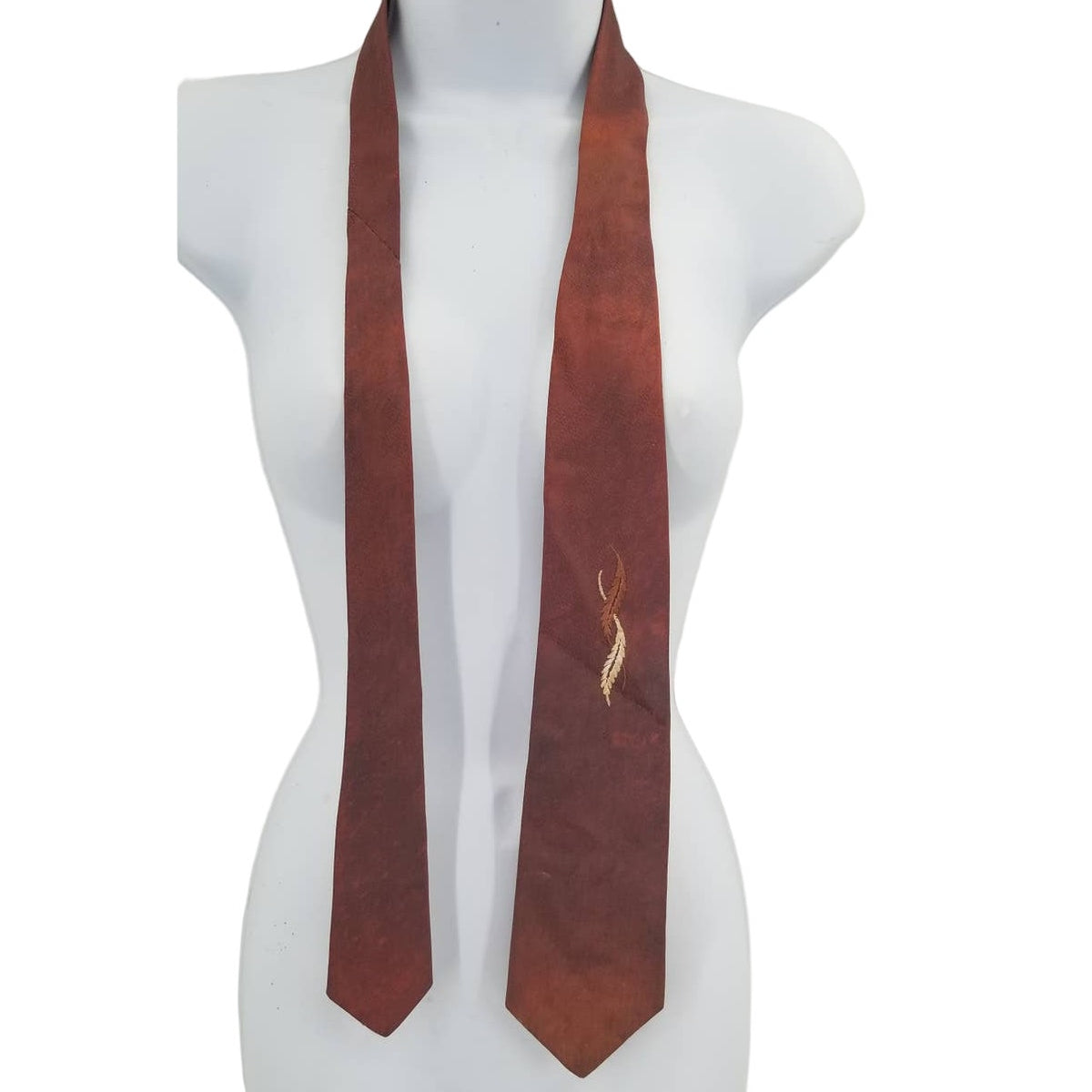 Vintage Mens Neck Tie 52" Reddish Brown Ombre Embroidered Feathers FLAME WIDE