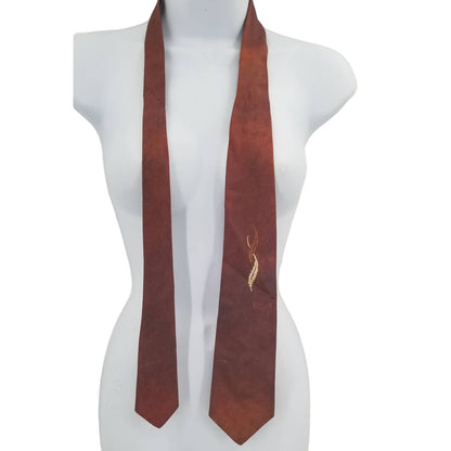 Vintage Mens Neck Tie 52" Reddish Brown Ombre Embroidered Feathers FLAME WIDE