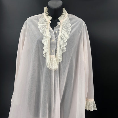Vintage Pink Sheer Chiffon Ruffle Lace Nightgown Robe Romantic Loungewear