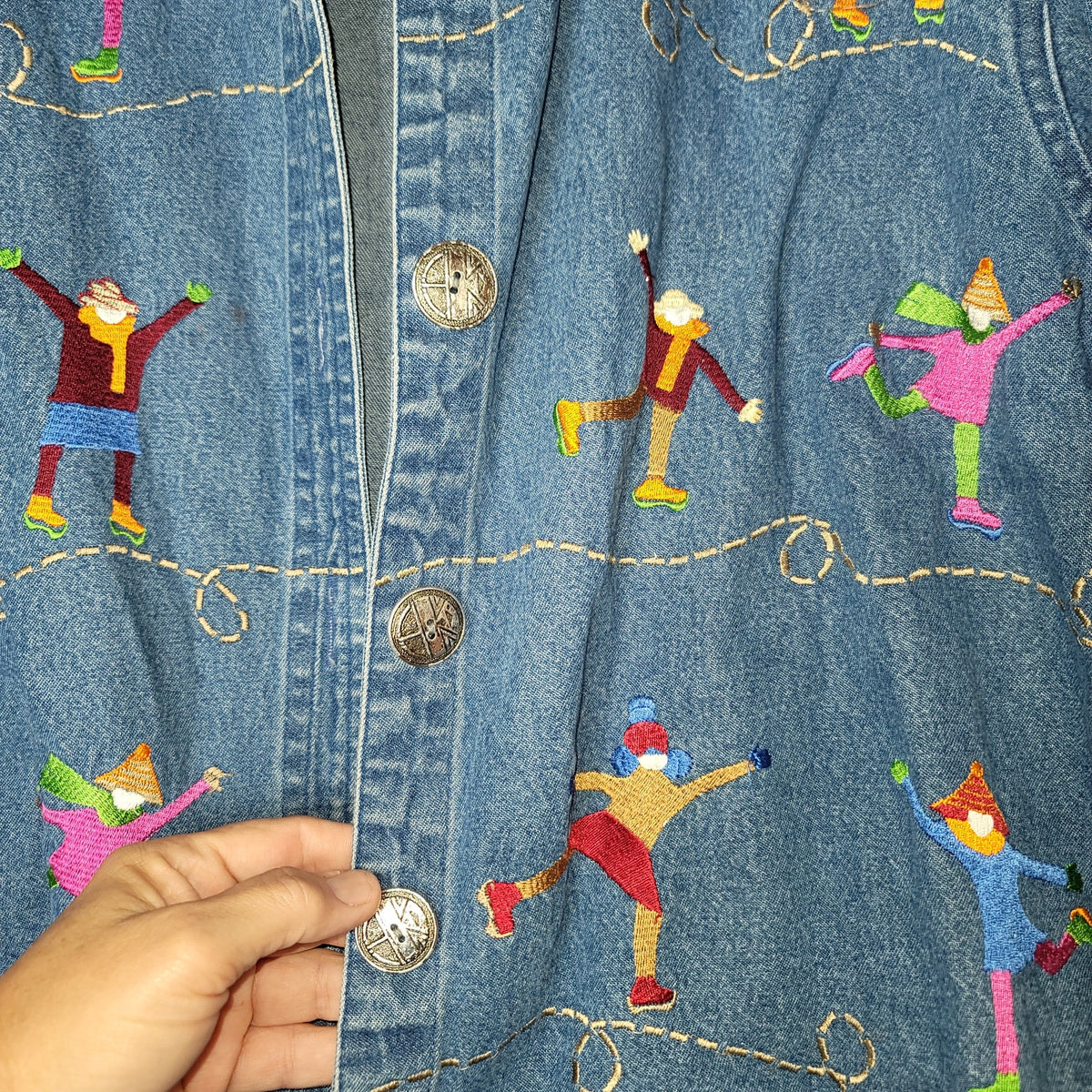 2 piece vintage denim maxi Sleeveless dress jacket embroidery skaters Large 80's