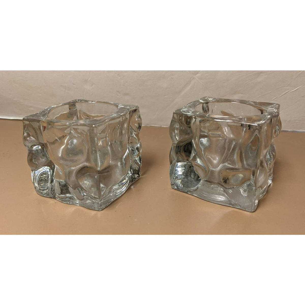 Vintage KIG Ice Cube Glacial Candle Holders Tea Light Votive Pair Set of 2