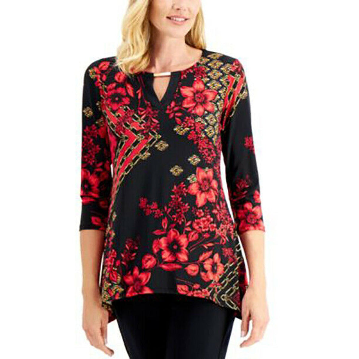 JM Collection Keyhole Asymmetrical Blouse Top New Red Amore Combo Petite XL NWT