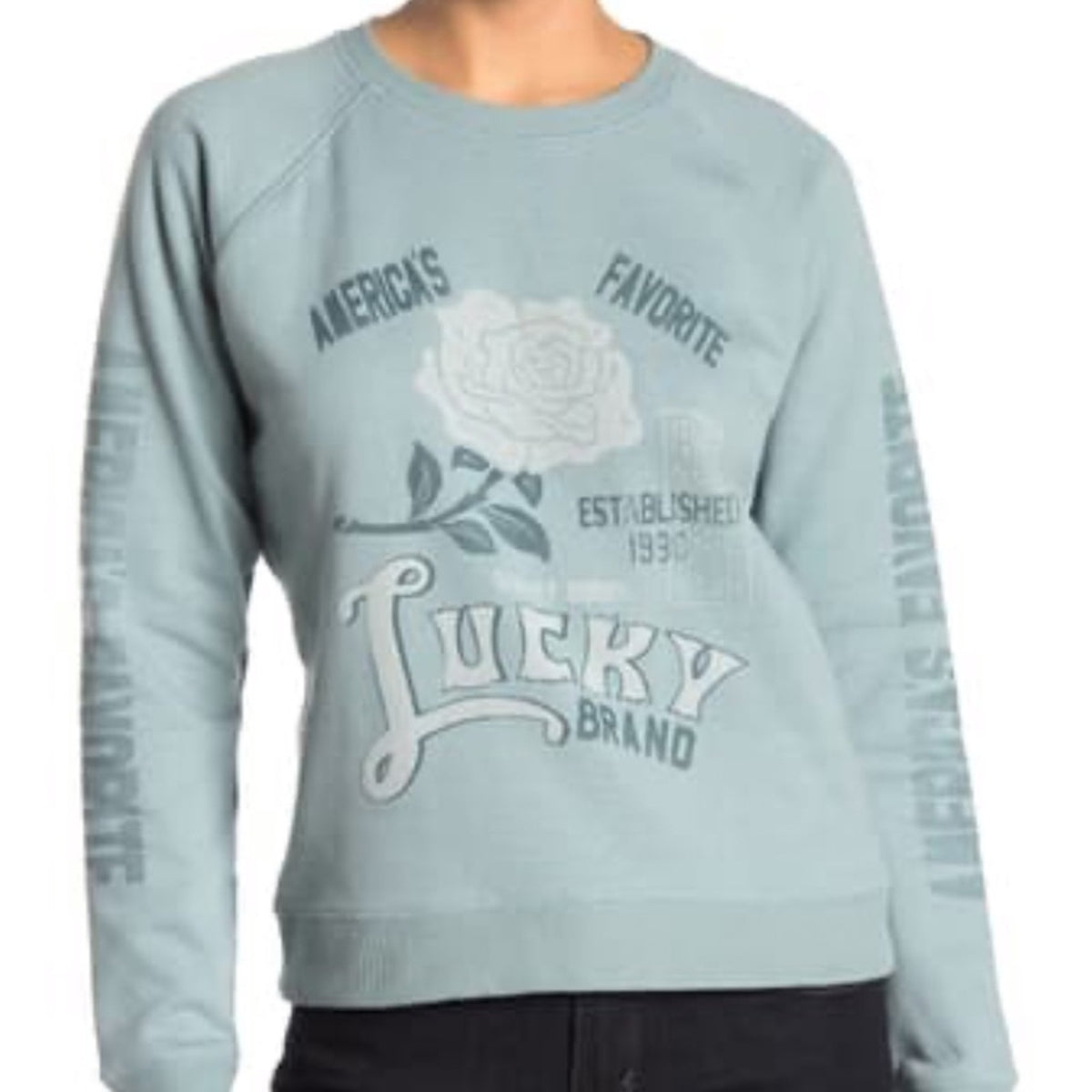 Lucky Brand Rose Logo Fleece Lined Sweatshirt XS Long Sleeve Graphic Shirt Layer