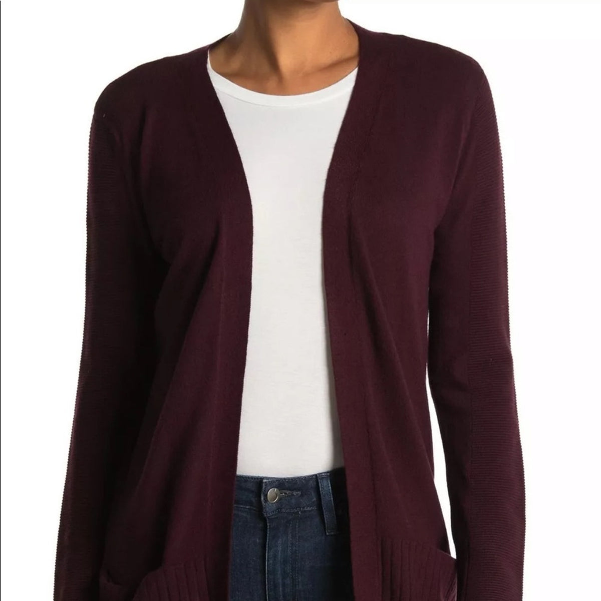 Cyrus Sweater Maroon Ribbed Sleeve Open front lightweight Cardigan Small