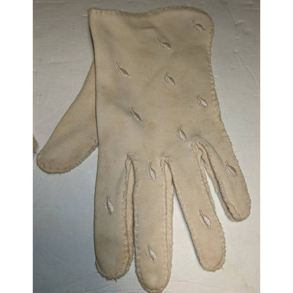 Vintage Ivory Cream Handsewn Shorties Embroidered Leaves Faux Doeskin Gloves