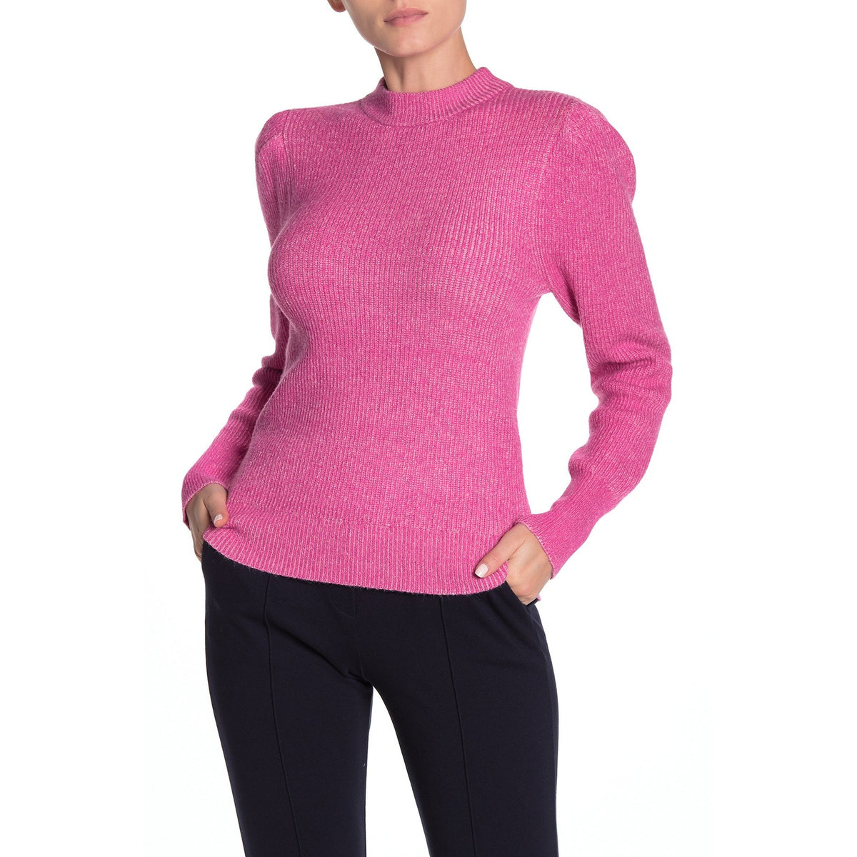 Free Press Womens Plaited Puff Sleeve Sweater Pink Cyclamen High Neck Medium NWT