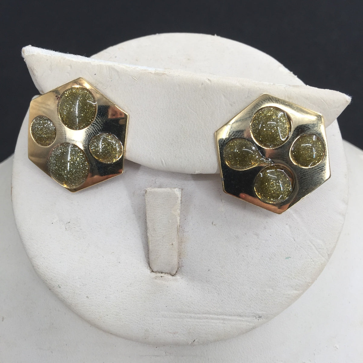 Vintage Golden Post Earrings Costume Jewelry Green Sparkle Post Huggies