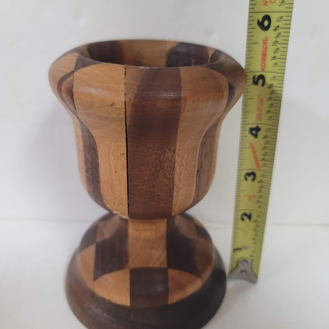 Wood handmade handturned candlestick Vintage Segmented Marquetry Parquetry