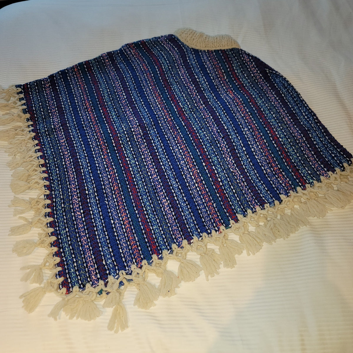 Handmade heavy poncho fringe wood button Winter One Size Multicolor Wool Cotton