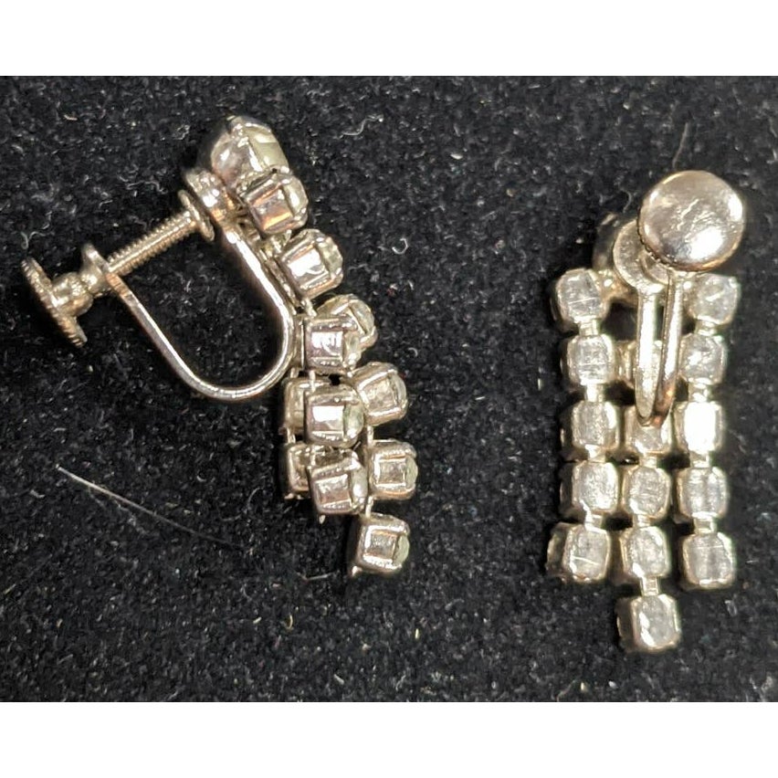 Vintage Screw Clip On Earrings Silver Tone White Rhinestone Dangle Chandelier