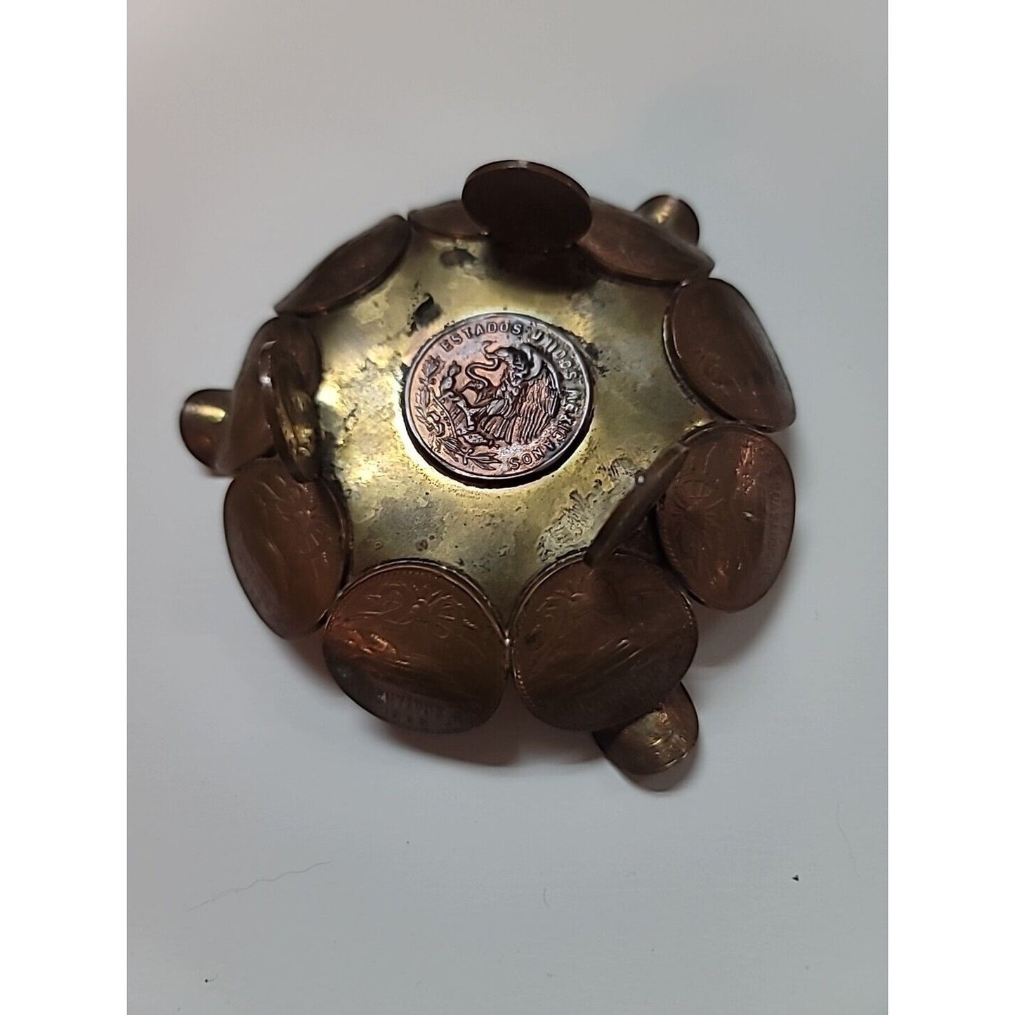 VINTAGE MEXICAN COIN CENTAVOS 1970s ASHTRAY 15 COINS HANDMADE FOLK ART BRASS