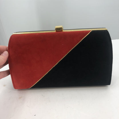 Vintage Gold Snap Closure Velvet Maroon Black Clutch Purse Golden Chain 1980s