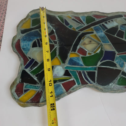 Fused glass Art tray mosaic Abstract Design Heavy Sign Peter 05 Vintage platter