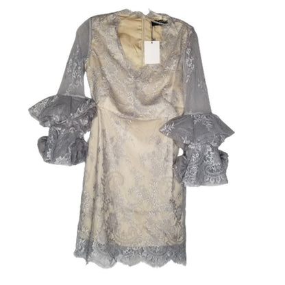 Few Moda Jansen Lace Mini Dress Ruffle Long Sleeve Back Zip Gray XS New