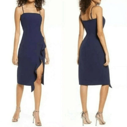 Bardot Carmelle Ruffle Side Slit Sleeveless Cocktail Dress Size 6 Navy Blue NWT