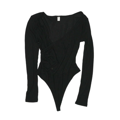 BP. NWT Cozy Ribbed Wrap Bodysuit Long Sleeve V-Neck Knit Black Size Medium