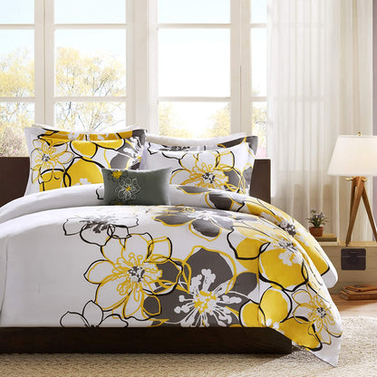 Mi Zone Allison Duvet Floral Design 4 Piece Comforter Set Yellow Full Queen