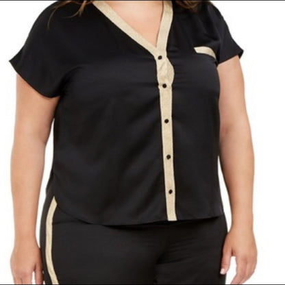 INC Metallic Trim Black Matte Satin Pajama Top Size XXL