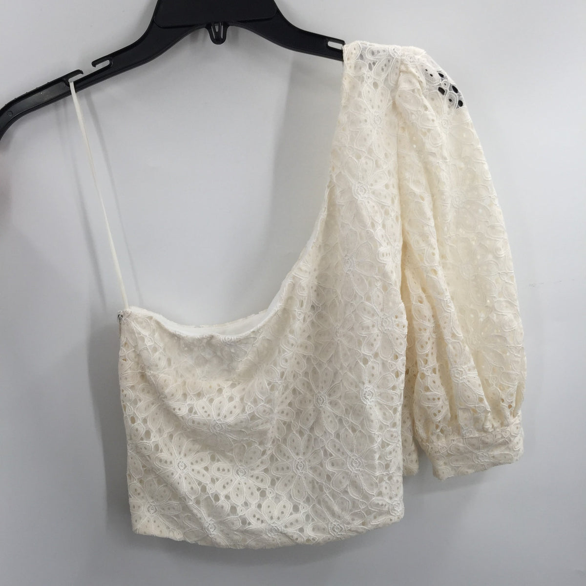 Topshop One Shoulder Lace Puff Sleeve Lined Cropped Top Side Zip Ivory Size 8
