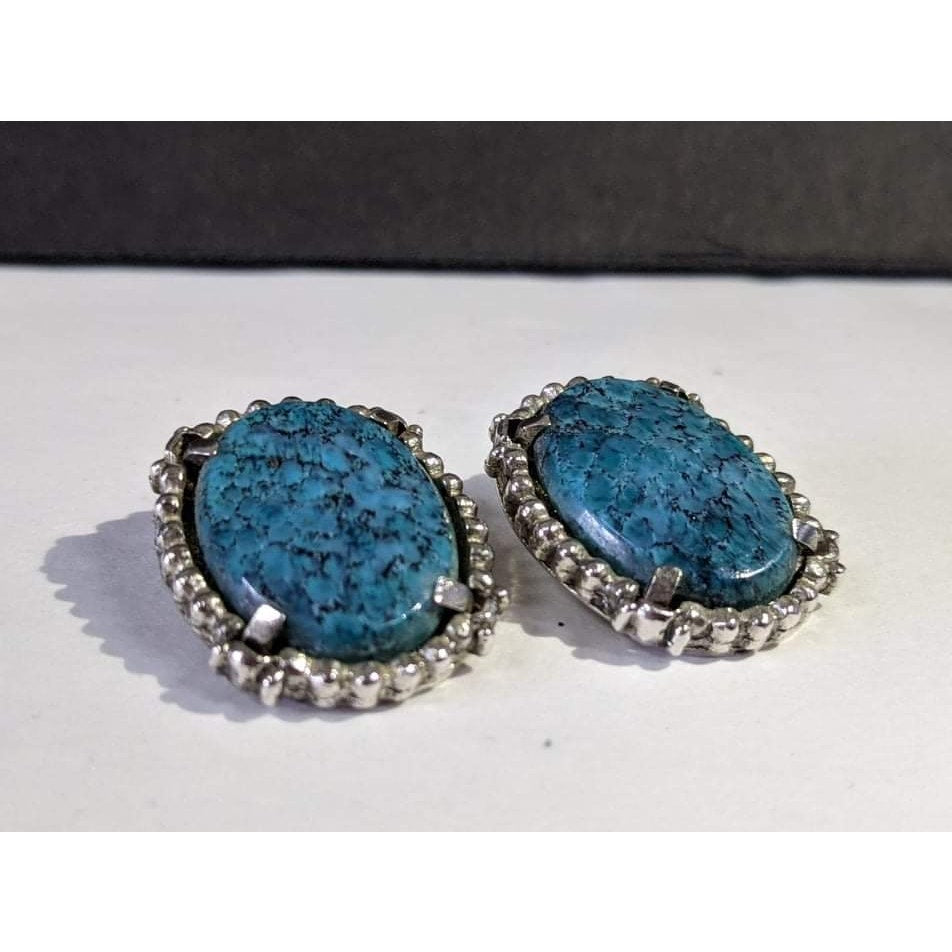 Signed Whiting and Davis Co Turquoise Clip On Earrings Silver tone
