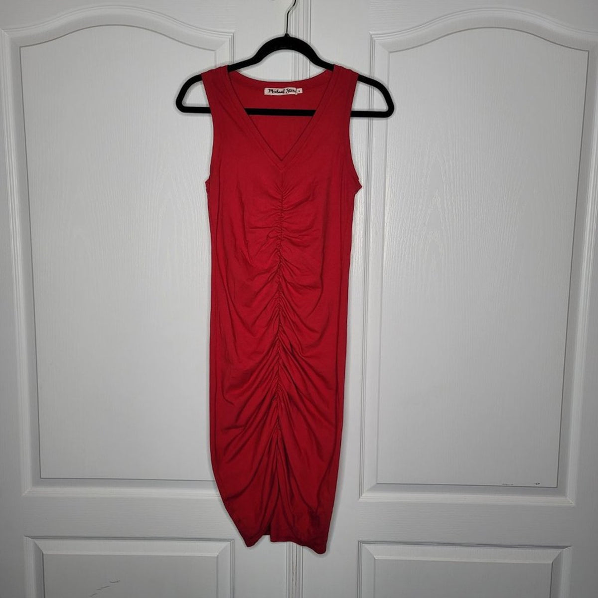 Michael Stars Sleeveless V-Neck Dress Ruching Red Medium BodyCon Slip Sleeveless