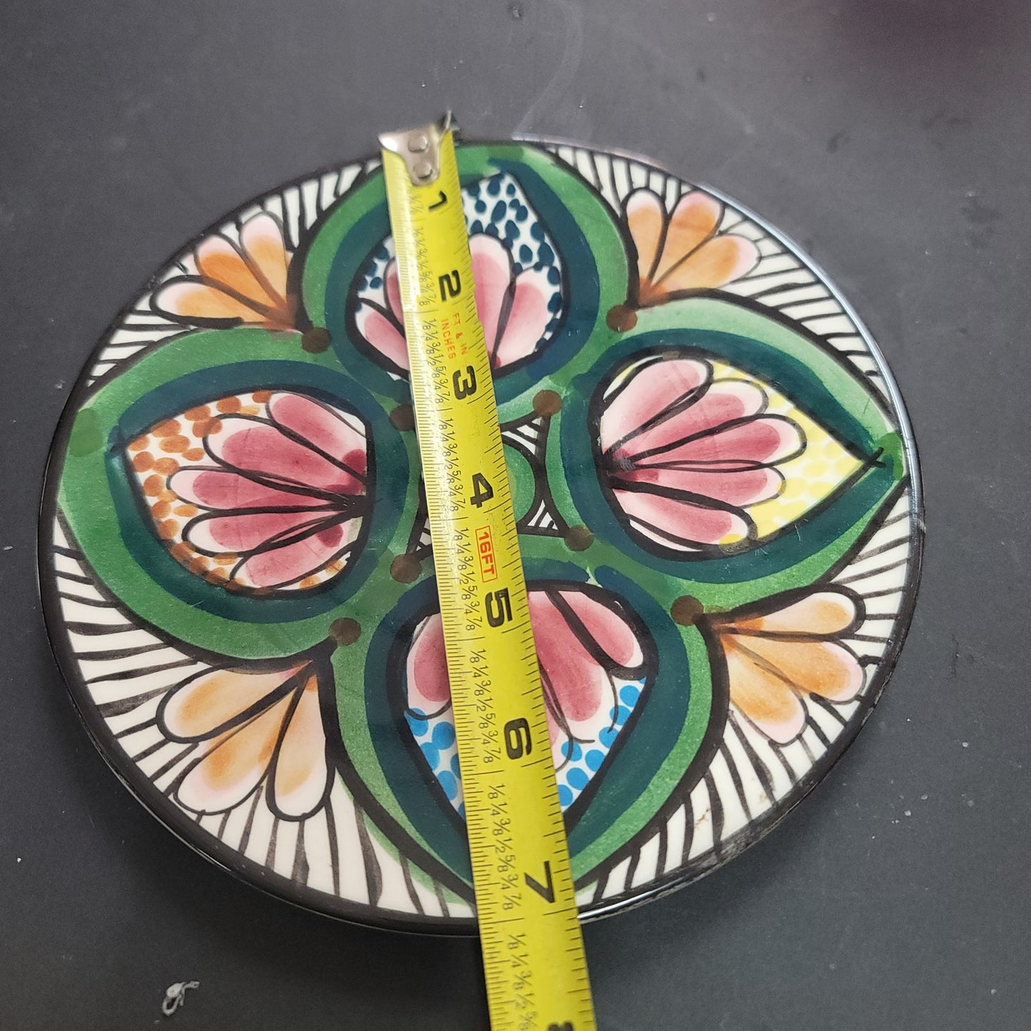 Handmade Handpainted Dominica plate floral design abstract green pink yellow 6"