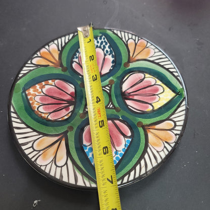 Handmade Handpainted Dominica plate floral design abstract green pink yellow 6"