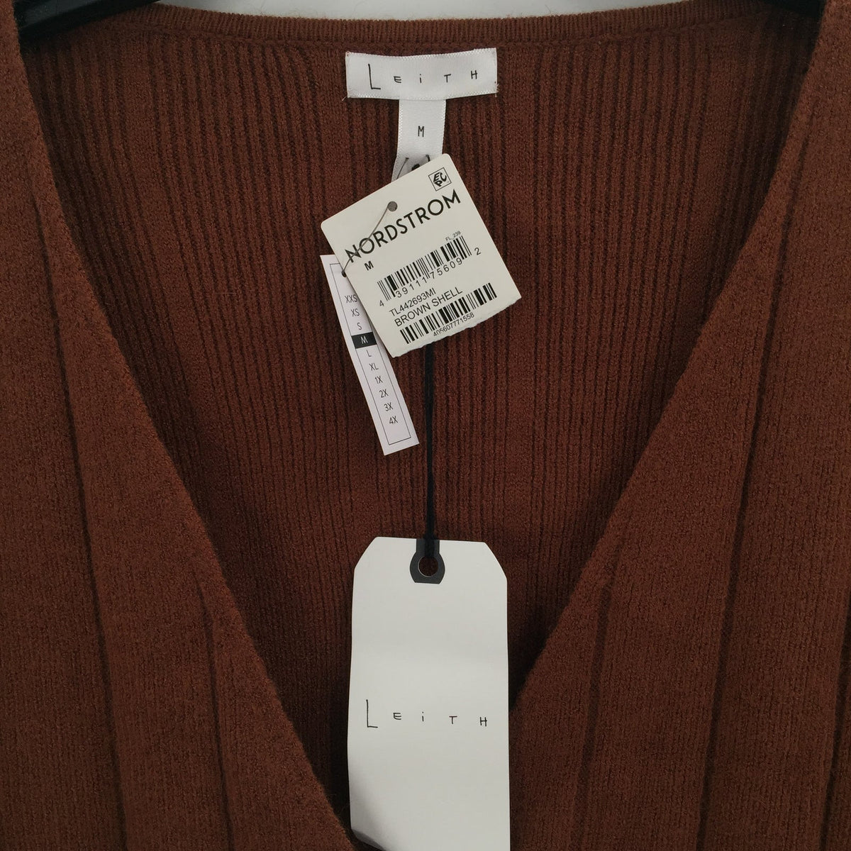 Leith Faux Wrap Pullover Ribbed Sweater Long Sleeve V-Neck Brown Size Medium