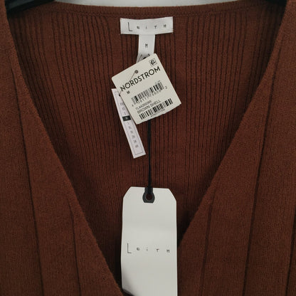 Leith Faux Wrap Pullover Ribbed Sweater Long Sleeve V-Neck Brown Size Medium